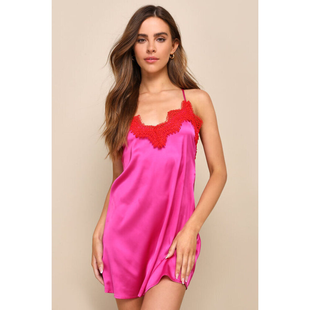 Lulus Stunning Slumber Magenta Satin Lace Mini Lingerie Slip Pink - Size S